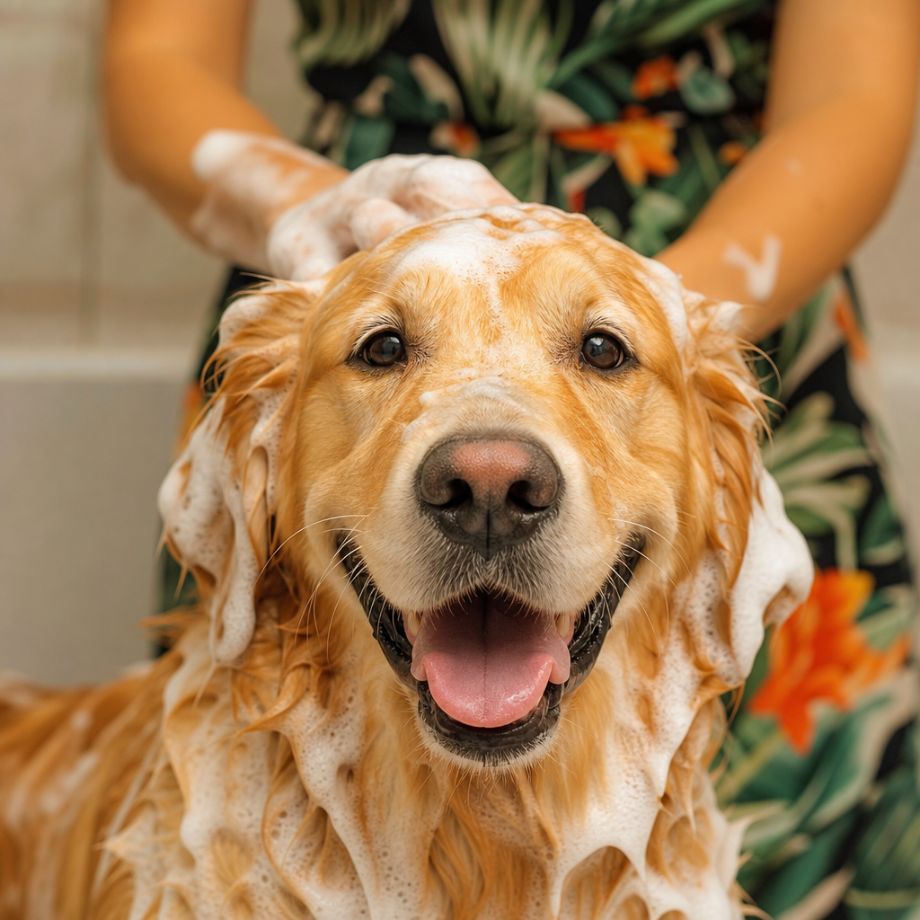 Golden Retriever tomando banho com espuma