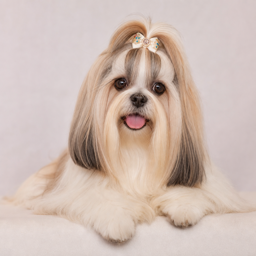Lhasa Apso feliz após banho e tosa profissional
