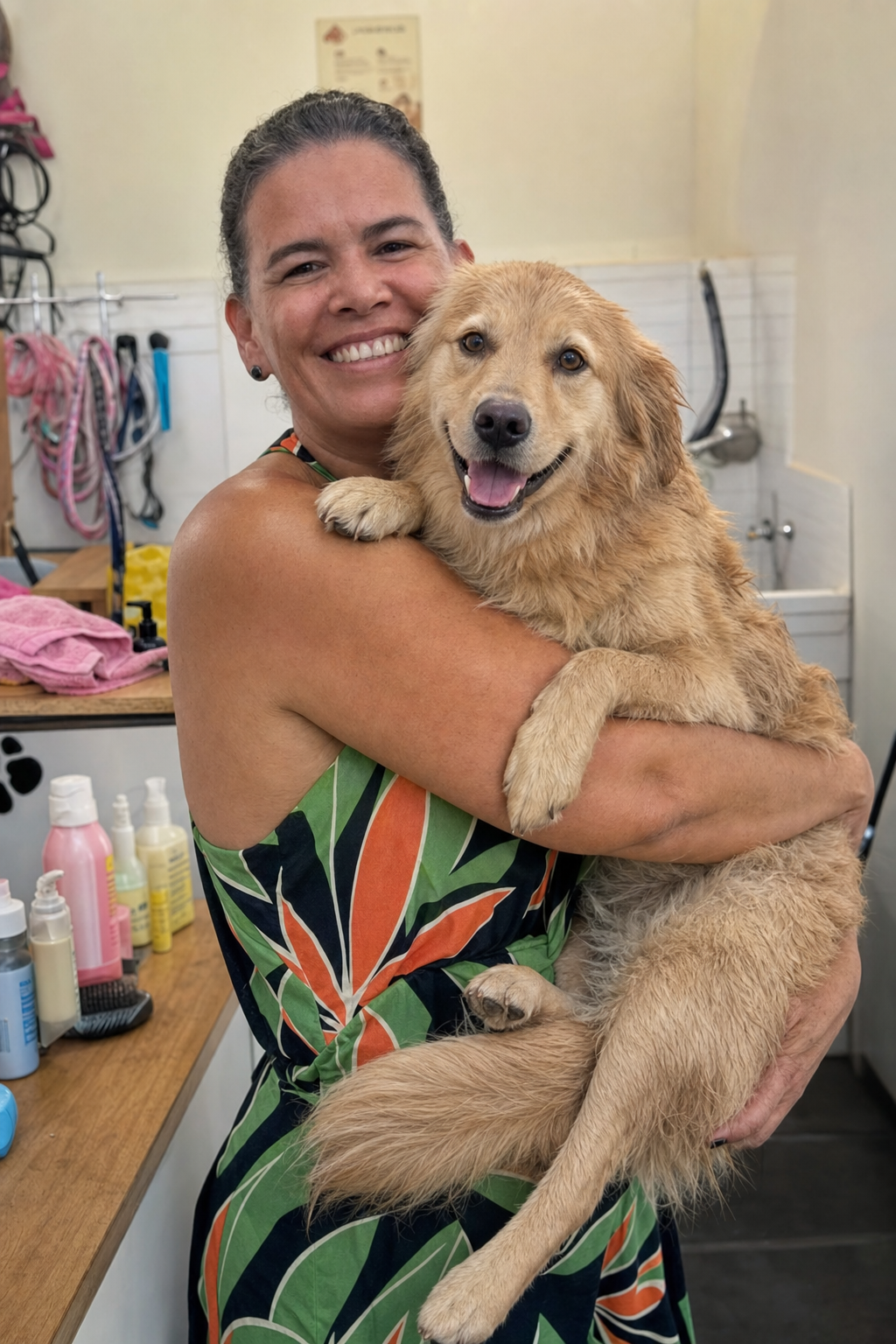 PetVê — Profissional com pet feliz após banho
